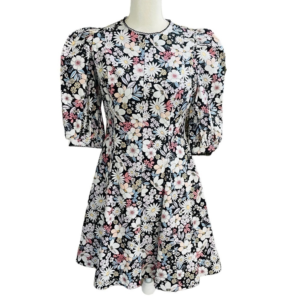 Rachel Parcell Size Small Black Floral Cotton Puff Sleeve Retro Minidress NWT - Picture 2 of 16